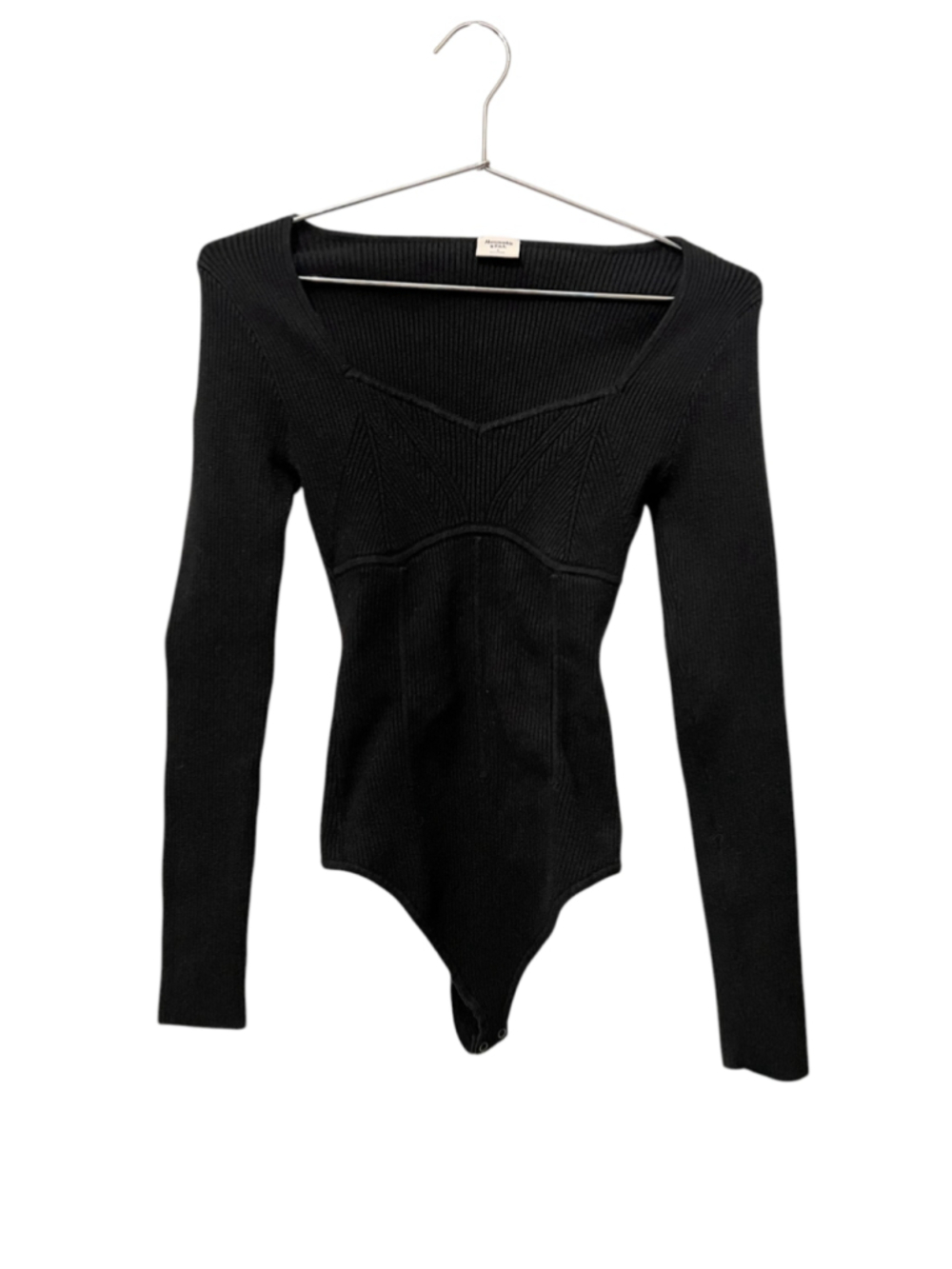 Abercrombie & Fitch Bodysuit Women Small Black Ribbed V Neck Long Sleeve Knitted